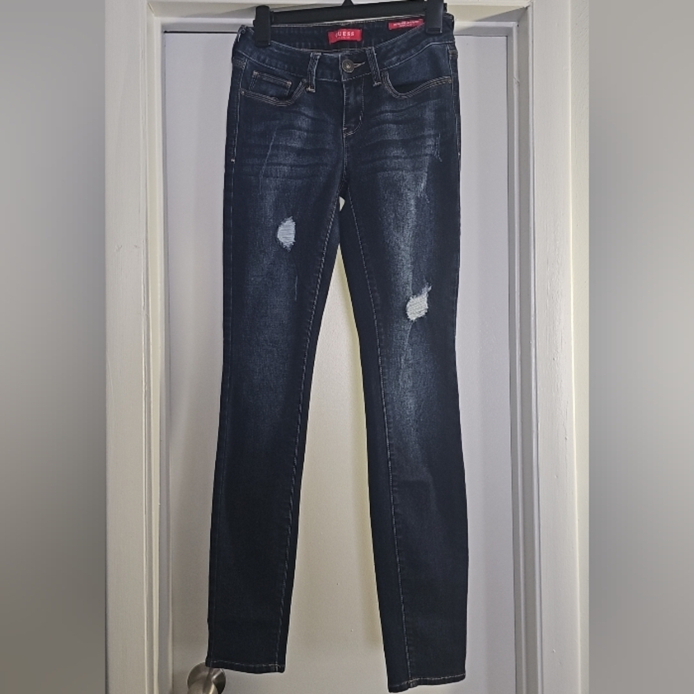 Guess Dark Blue Skinny Jeans with Distressed Details